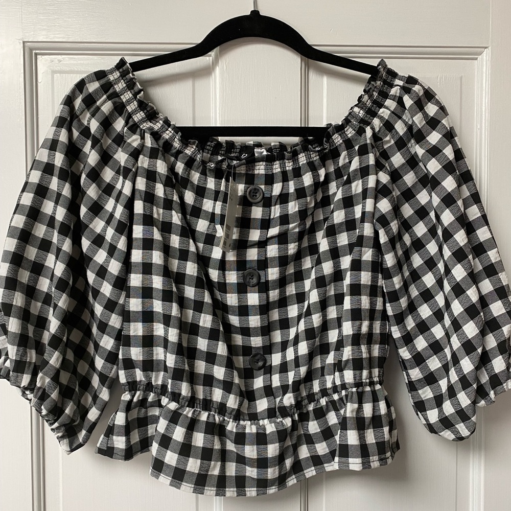 H&M Gingham Crop Off Shoulder Blouse